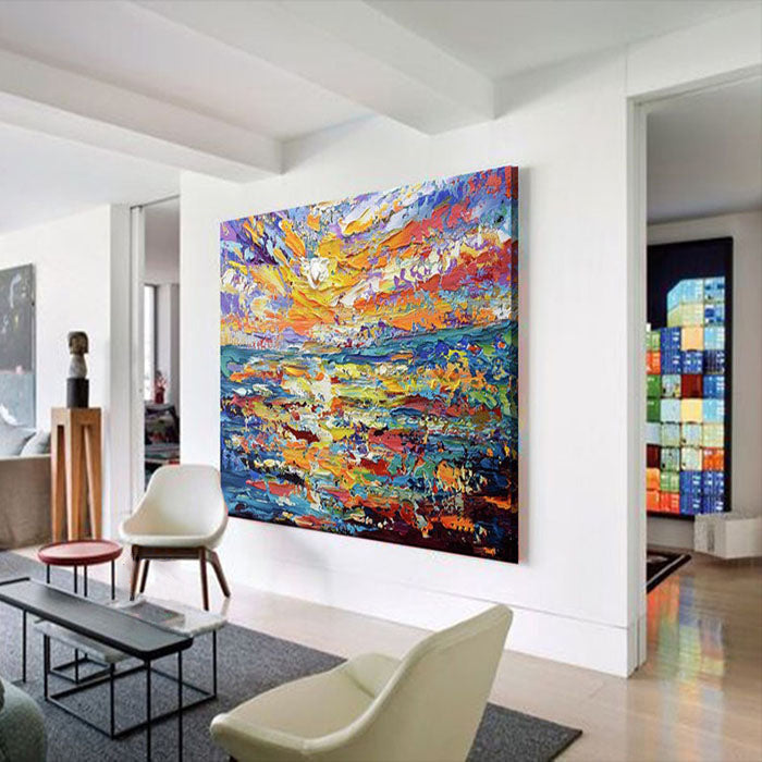 Sunset Ablaze: Vibrant Textured Abstract Ocean Painting for a Colorful Living Room Wall