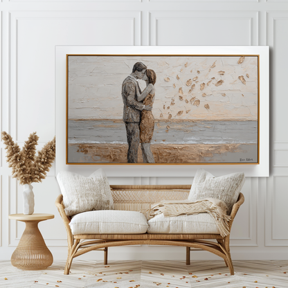 Golden Embrace: A Textured Romantic Wall Art for Bedroom Decor
