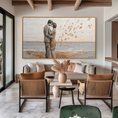 Golden Embrace: A Textured Romantic Wall Art for Bedroom Decor