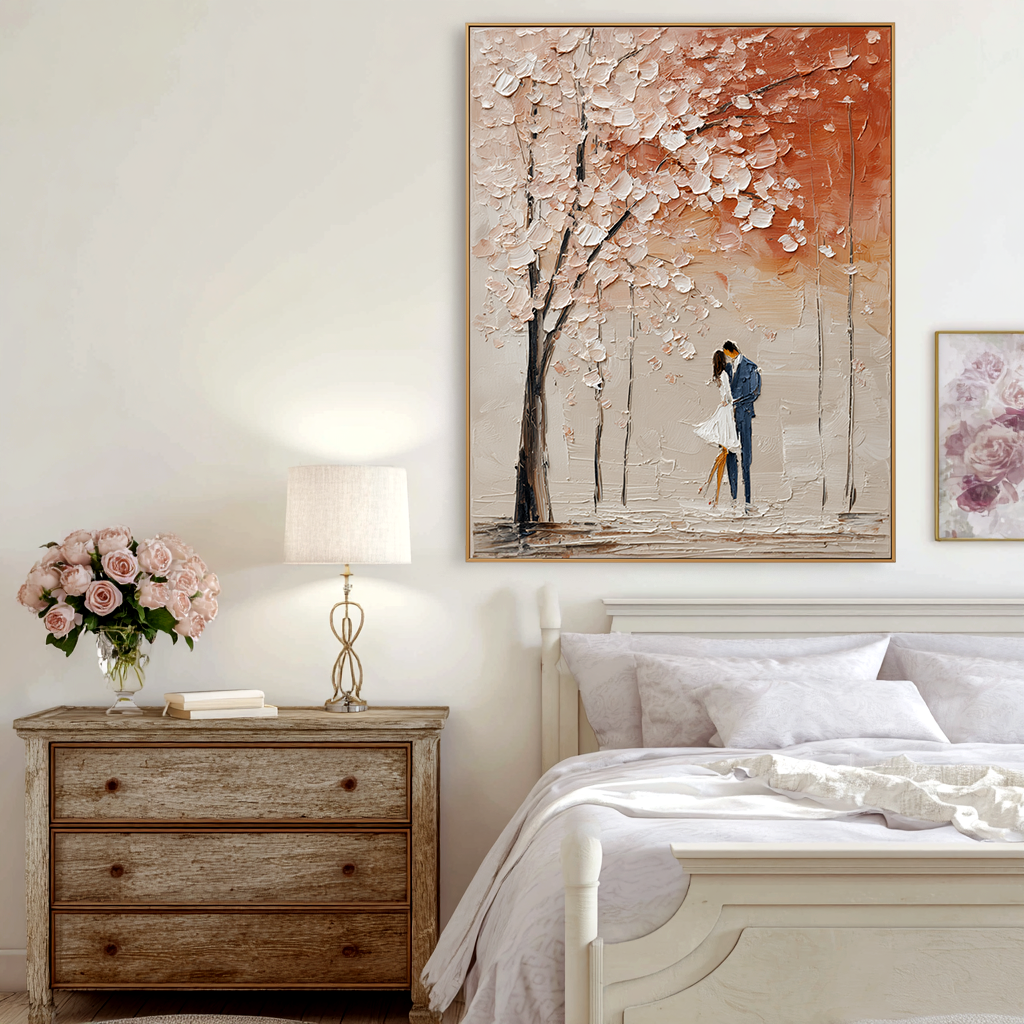 Autumn Embrace: A Textured Romantic Wall Art for Bedroom Decor