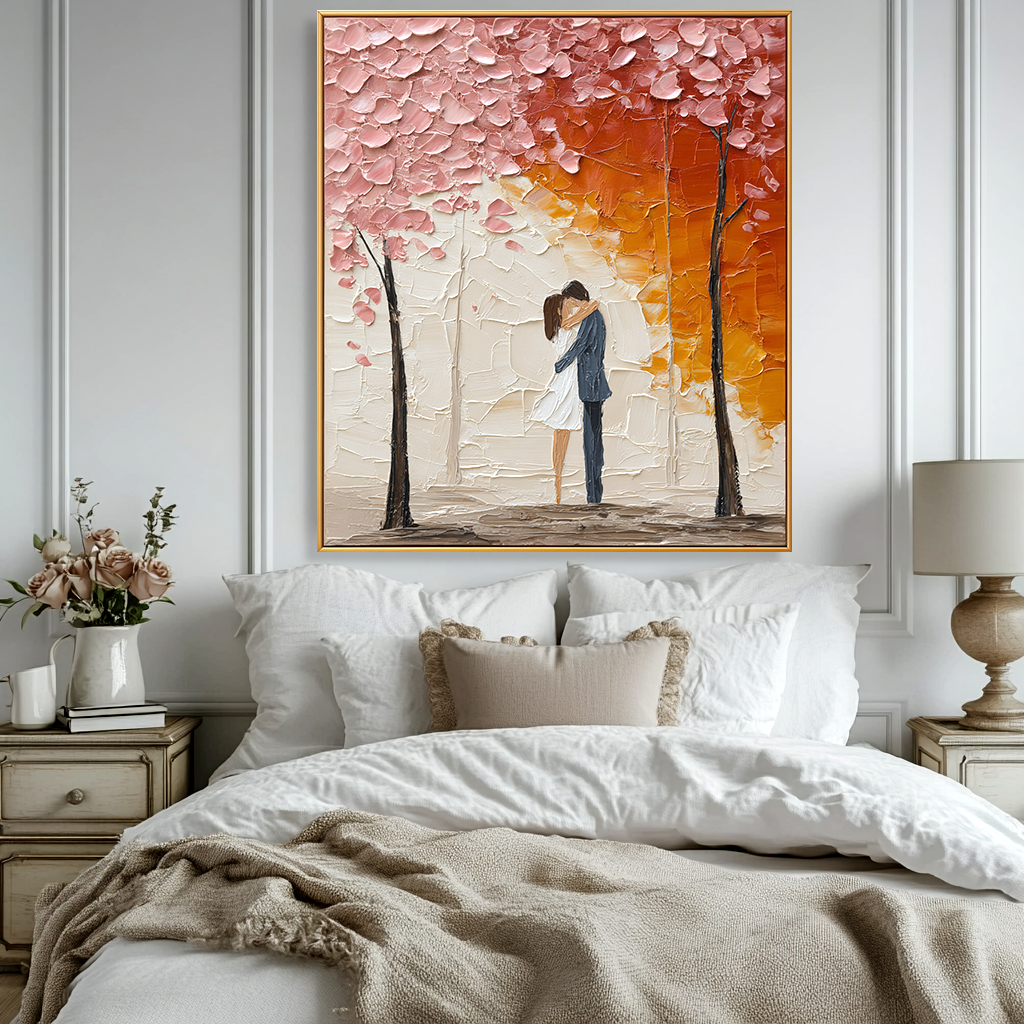 Autumn Kiss: A Textured Romantic Wall Art for Bedroom Decor