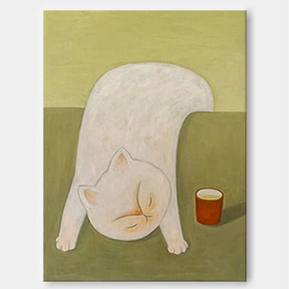 Tea Time Nap: A Whimsical Cat Wall Art for Dining Room Decor