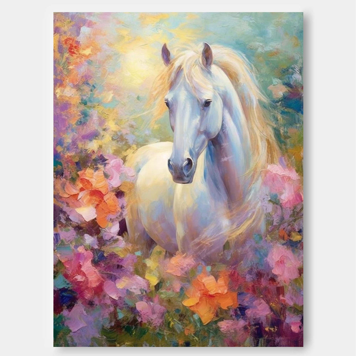 Floral Meadow: A Romantic Horse Wall Art for Bedroom Decor