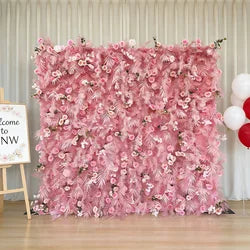 GNW  Custom Fabric Cloth Artificial Silk Rose Flower Wall Pink Floral Wall Backdrop Panel 3D 5D Roll up for Wedding Decor - 1 Square Meter / Pink 16