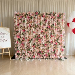 GNW  Custom Fabric Cloth Artificial Silk Rose Flower Wall Pink Floral Wall Backdrop Panel 3D 5D Roll up for Wedding Decor - 1 Square Meter / Pink 3