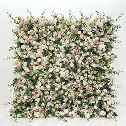 GNW Customized Hot Sale 5D Green Leaf White Rose Floral Wall Artificial Flower Backdrop for Wedding Stage & Party Decoration
