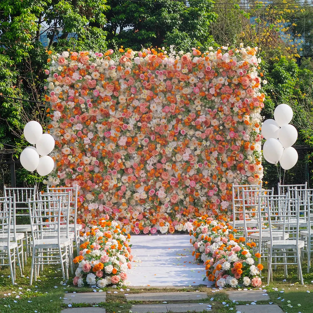 GNW Customized Hot Sale Orange & Green Floral Wall New Design Artificial Flower Backdrop for Wedding Stage & Party Decoration