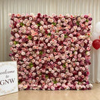 GNW  Custom Fabric Cloth Artificial Silk Rose Flower Wall Pink Floral Wall Backdrop Panel 3D 5D Roll up for Wedding Decor - 1 Square Meter / Pink 18
