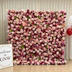 GNW  Custom Fabric Cloth Artificial Silk Rose Flower Wall Pink Floral Wall Backdrop Panel 3D 5D Roll up for Wedding Decor - 1 Square Meter / Pink 18