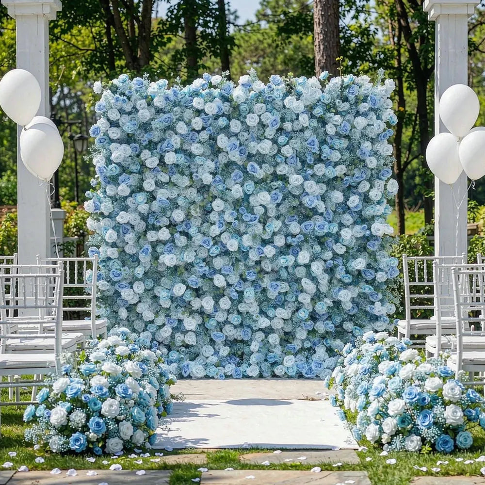 GNW Customized Hot Sale Blue Floral Wall Latest Design Artificial Flower Backdrop for Wedding Stage & Party Decoration