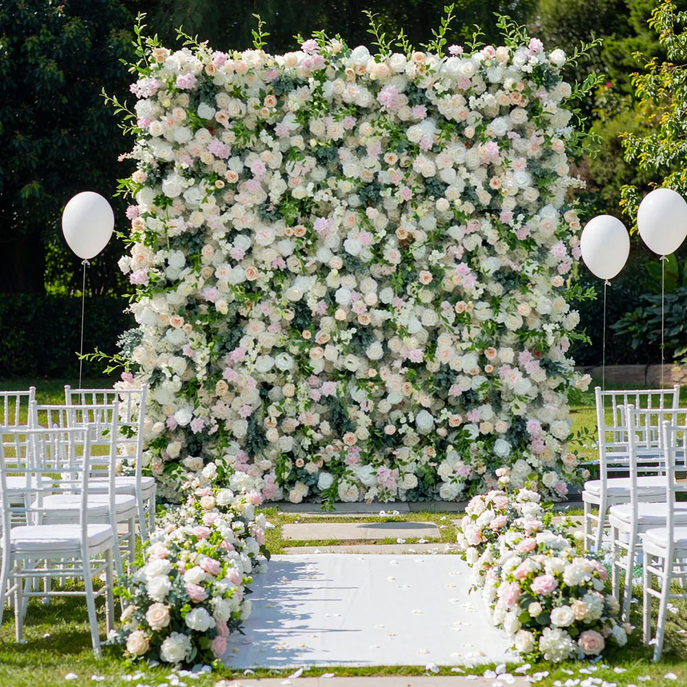 GNW Custom High Quality Hot Selling Artificial Flower Wall White Pink Rose with Greenery for Wedding Stage Backdrop