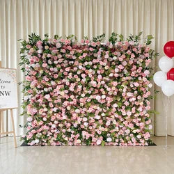 GNW  Custom Fabric Cloth Artificial Silk Rose Flower Wall Pink Floral Wall Backdrop Panel 3D 5D Roll up for Wedding Decor - 1 Square Meter / Pink 12
