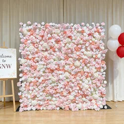 GNW  Custom Fabric Cloth Artificial Silk Rose Flower Wall Pink Floral Wall Backdrop Panel 3D 5D Roll up for Wedding Decor - 1 Square Meter / Pink 8