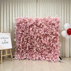 GNW  Custom Fabric Cloth Artificial Silk Rose Flower Wall Pink Floral Wall Backdrop Panel 3D 5D Roll up for Wedding Decor - 1 Square Meter / Pink 7