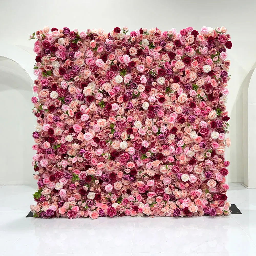 GNW Customized Hot Selling European American Pink Floral Wall Artificial Flower Backdrop for Wedding Stage & Party Decoration