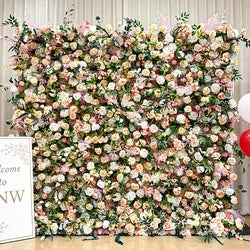 GNW  Custom Fabric Cloth Artificial Silk Rose Flower Wall Pink Floral Wall Backdrop Panel 3D 5D Roll up for Wedding Decor - 1 Square Meter / Pink 14