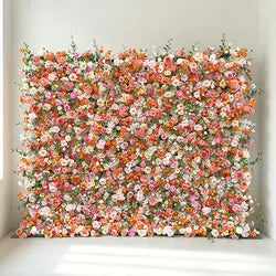GNW Customized Hot Sale Orange & Green Floral Wall New Design Artificial Flower Backdrop for Wedding Stage & Party Decoration