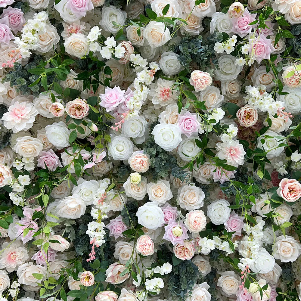 GNW Custom High Quality Hot Selling Artificial Flower Wall White Pink Rose with Greenery for Wedding Stage Backdrop