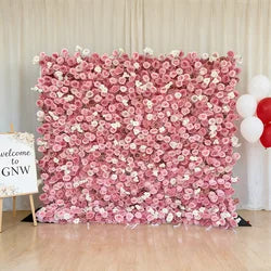 GNW  Custom Fabric Cloth Artificial Silk Rose Flower Wall Pink Floral Wall Backdrop Panel 3D 5D Roll up for Wedding Decor - 1 Square Meter / Pink 1