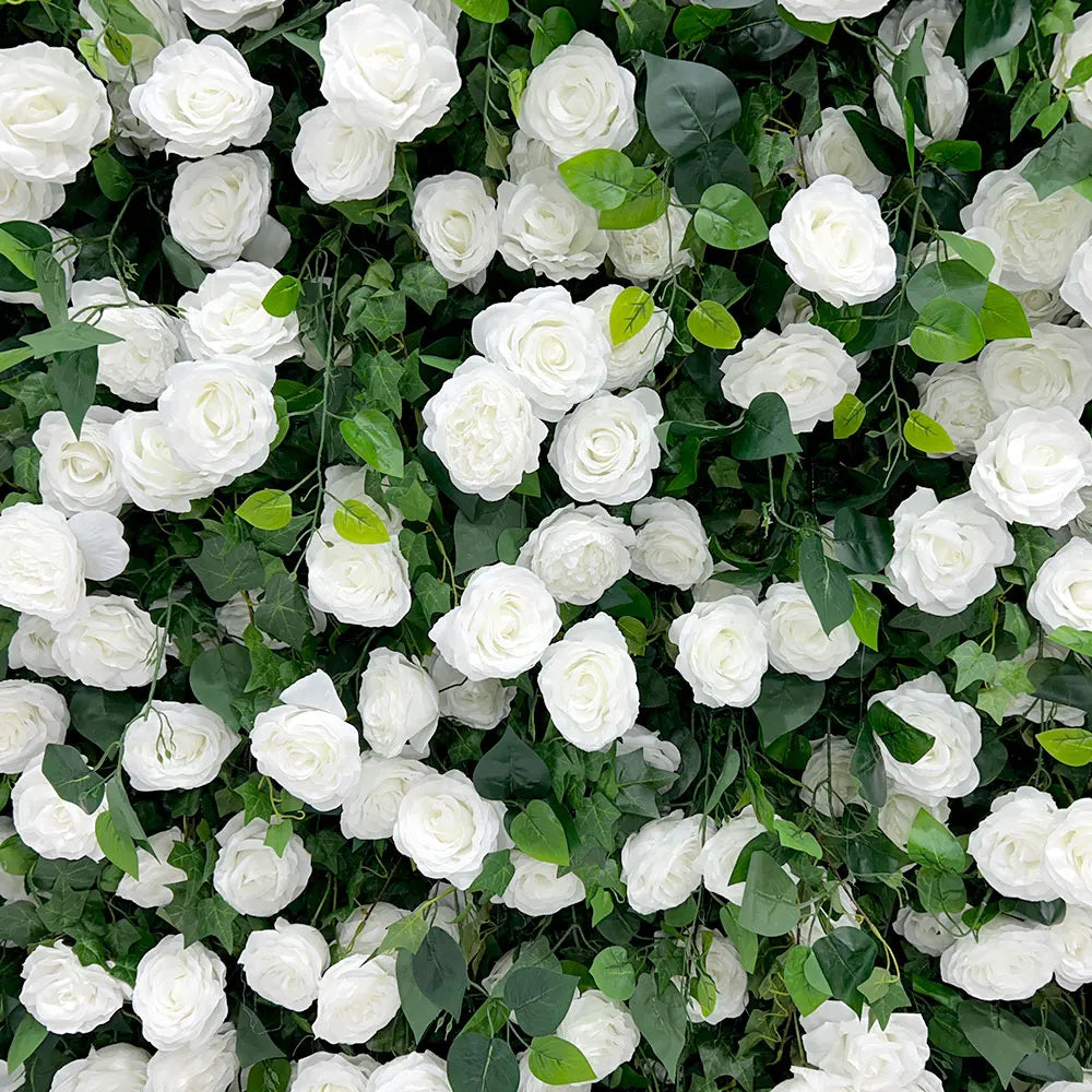 GNW Custom Luxury Hot Selling Artificial Flower Wall White Rose with Green Leaves  for Wedding Stage Backdrop Event Decor