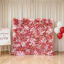 GNW  Custom Fabric Cloth Artificial Silk Rose Flower Wall Pink Floral Wall Backdrop Panel 3D 5D Roll up for Wedding Decor - 1 Square Meter / Pink 10
