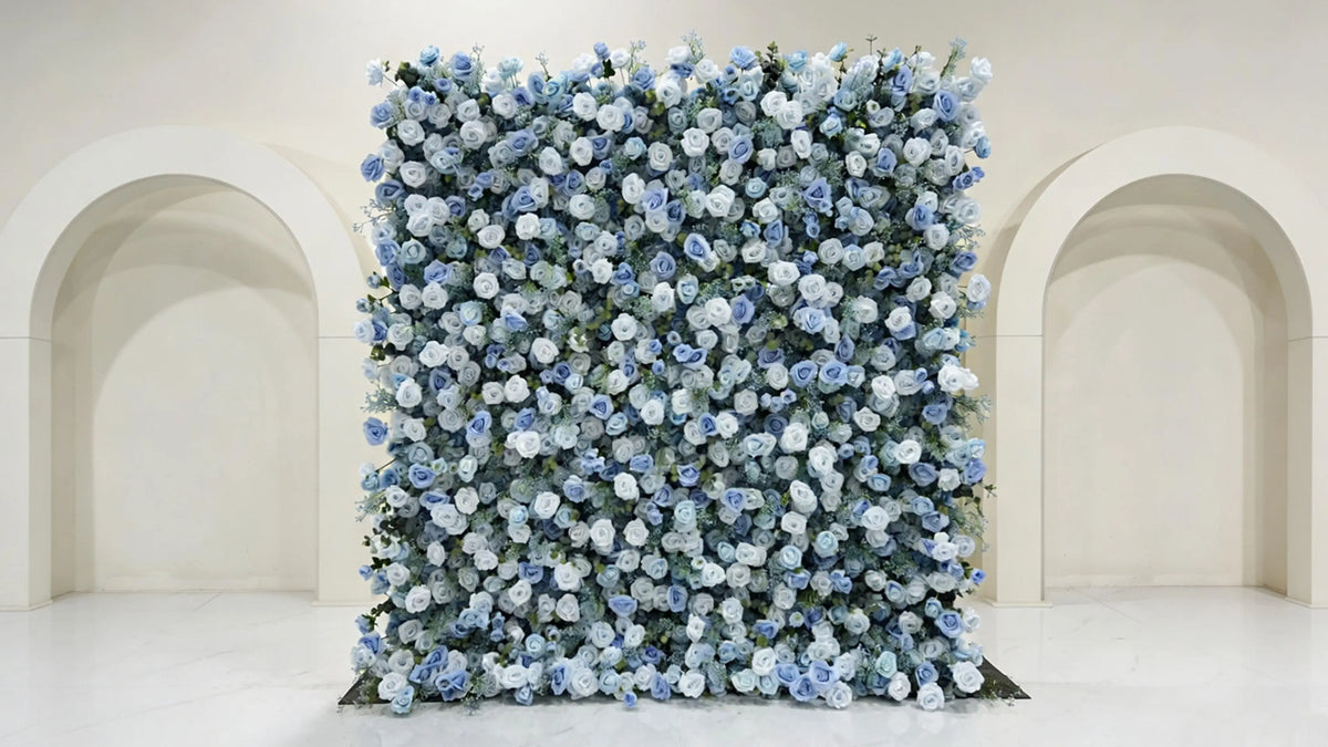 GNW Customized Hot Sale Blue Floral Wall Latest Design Artificial Flower Backdrop for Wedding Stage & Party Decoration
