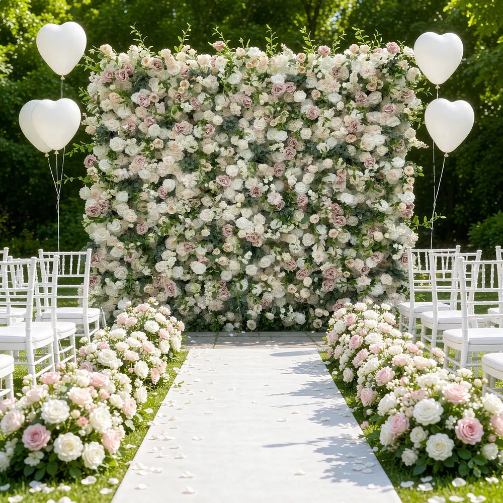 GNW Customized Hot Sale 5D Green Leaf White Rose Floral Wall Artificial Flower Backdrop for Wedding Stage & Party Decoration