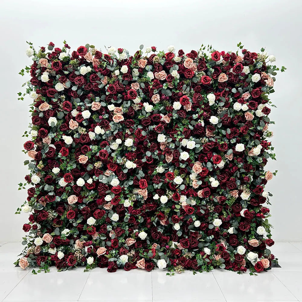 GNW Customized Hot Sale Luxury Red Green & White Floral Wall Artificial Flower Backdrop for Wedding Stage Party Decoration