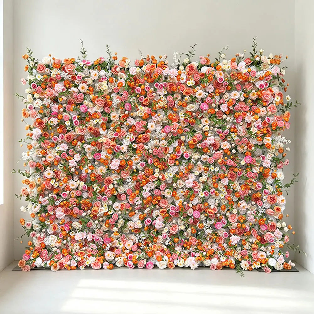 GNW Customized Hot Sale Orange & Green Floral Wall New Design Artificial Flower Backdrop for Wedding Stage & Party Decoration