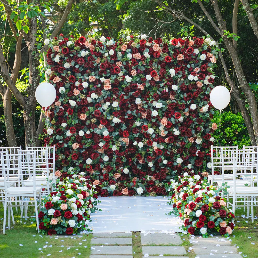 GNW Customized Hot Sale Luxury Red Green & White Floral Wall Artificial Flower Backdrop for Wedding Stage Party Decoration
