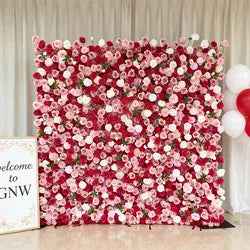 GNW  Custom Fabric Cloth Artificial Silk Rose Flower Wall Pink Floral Wall Backdrop Panel 3D 5D Roll up for Wedding Decor - 1 Square Meter / Pink 15