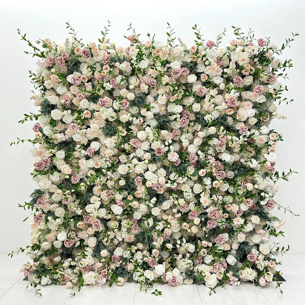 GNW Customized Hot Sale 5D Green Leaf White Rose Floral Wall Artificial Flower Backdrop for Wedding Stage & Party Decoration
