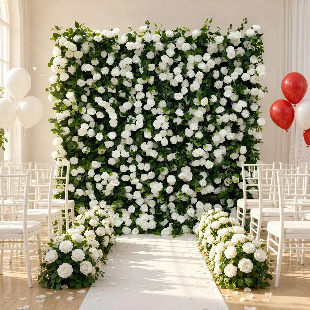 GNW Custom Luxury Hot Selling Artificial Flower Wall White Rose with Green Leaves  for Wedding Stage Backdrop Event Decor