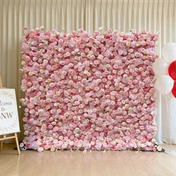 GNW  Custom Fabric Cloth Artificial Silk Rose Flower Wall Pink Floral Wall Backdrop Panel 3D 5D Roll up for Wedding Decor - 1 Square Meter / Pink 2