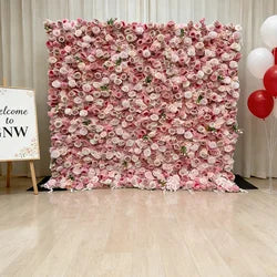 GNW  Custom Fabric Cloth Artificial Silk Rose Flower Wall Pink Floral Wall Backdrop Panel 3D 5D Roll up for Wedding Decor - 1 Square Meter / Pink 4
