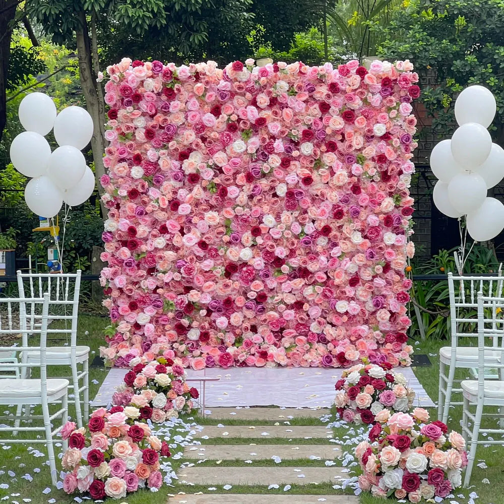 GNW Customized Hot Selling European American Pink Floral Wall Artificial Flower Backdrop for Wedding Stage & Party Decoration