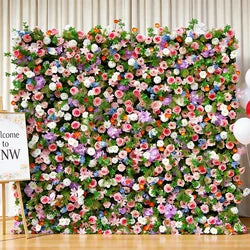 GNW  Custom Fabric Cloth Artificial Silk Rose Flower Wall Pink Floral Wall Backdrop Panel 3D 5D Roll up for Wedding Decor - 1 Square Meter / Pink 16