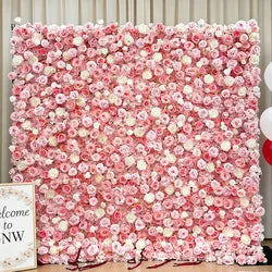 GNW  Custom Fabric Cloth Artificial Silk Rose Flower Wall Pink Floral Wall Backdrop Panel 3D 5D Roll up for Wedding Decor - 1 Square Meter / Pink 17
