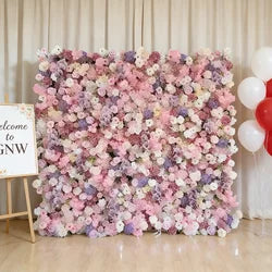 GNW  Custom Fabric Cloth Artificial Silk Rose Flower Wall Pink Floral Wall Backdrop Panel 3D 5D Roll up for Wedding Decor - 1 Square Meter / Pink 13