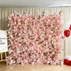 GNW  Custom Fabric Cloth Artificial Silk Rose Flower Wall Pink Floral Wall Backdrop Panel 3D 5D Roll up for Wedding Decor - 1 Square Meter / Pink 5