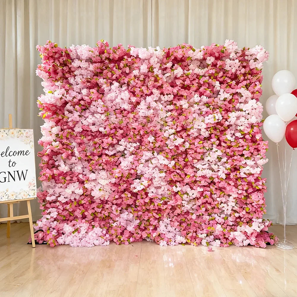 GNW  Custom Fabric Cloth Artificial Silk Rose Flower Wall Pink Floral Wall Backdrop Panel 3D 5D Roll up for Wedding Decor