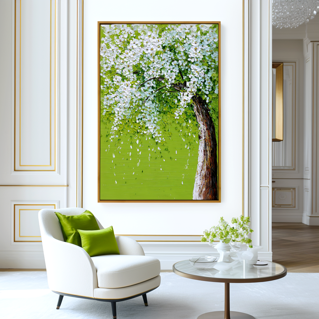 Weeping Blossoms: A Vibrant Textured Tree Canvas Painting for Spring Decor