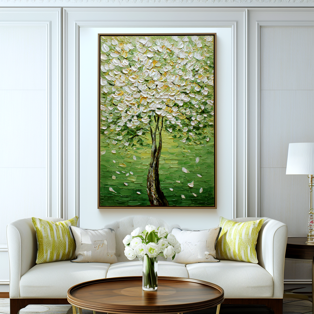 Verdant Whisper: A Fresh Textured Tree Canvas Painting for Your Home