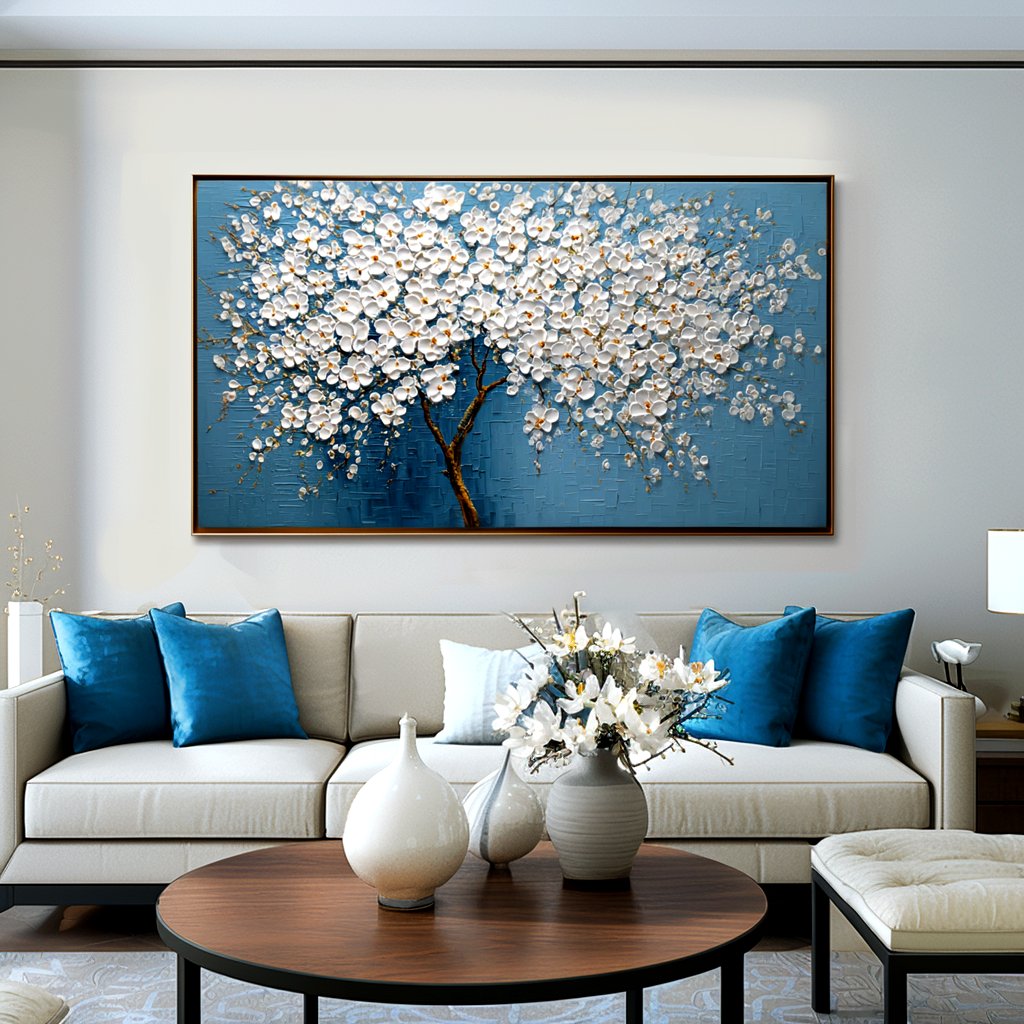 Ivory Blossom Cascade: A Heavily Textured Tree Wall Art in White and Blue