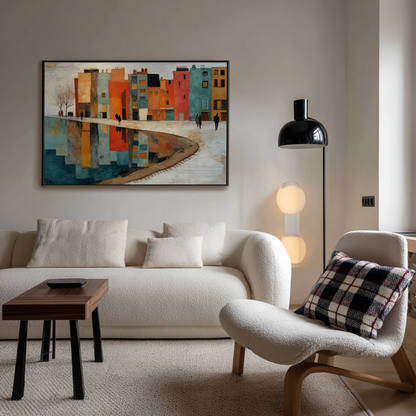 Harbor of Hues: A Vibrant Modern Cityscape Wall Art for Your Living Room