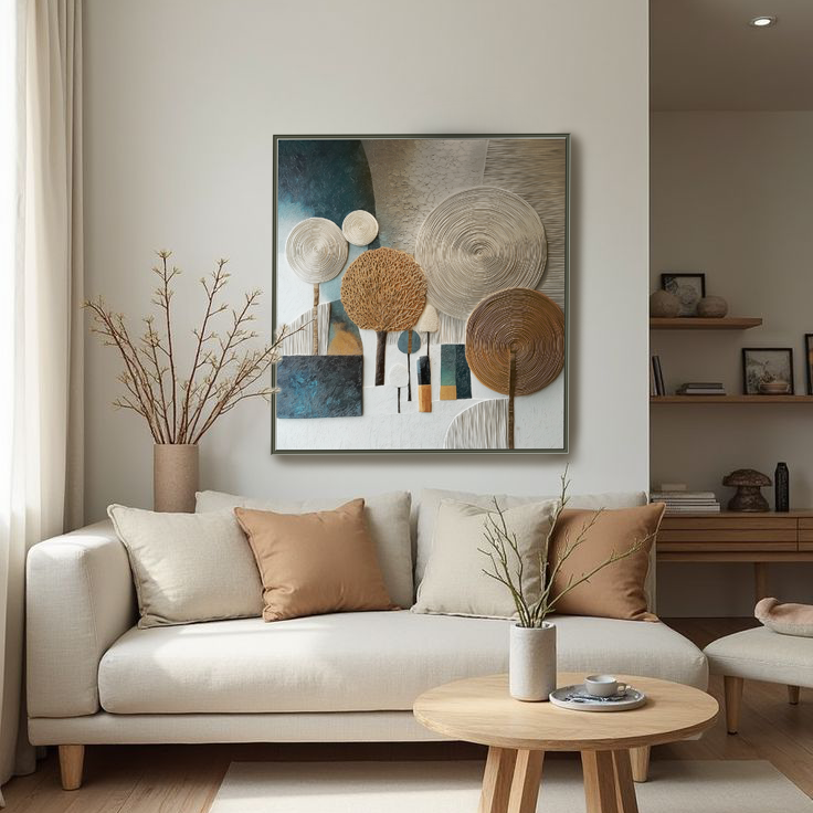 Earthen Spirals: Hand-Painted Textured Abstract Tree Painting for Modern Living Rooms
