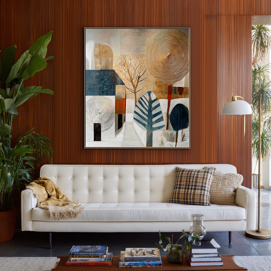 Sundown Quarter: Textured Geometric Abstract Cityscape Painting for Modern Wall Decor