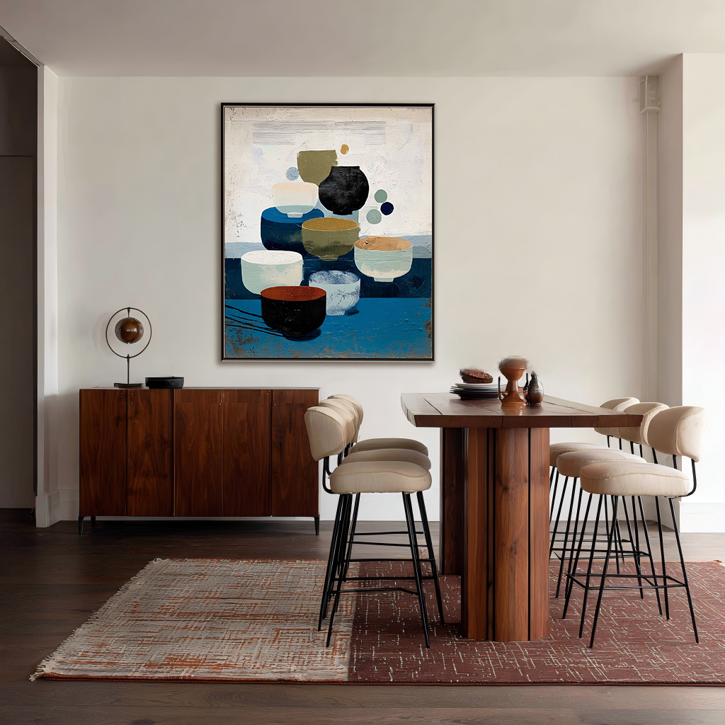 Vessels of Tranquility: Wabi Sabi Textured Abstract Still Life Painting for Dining Room