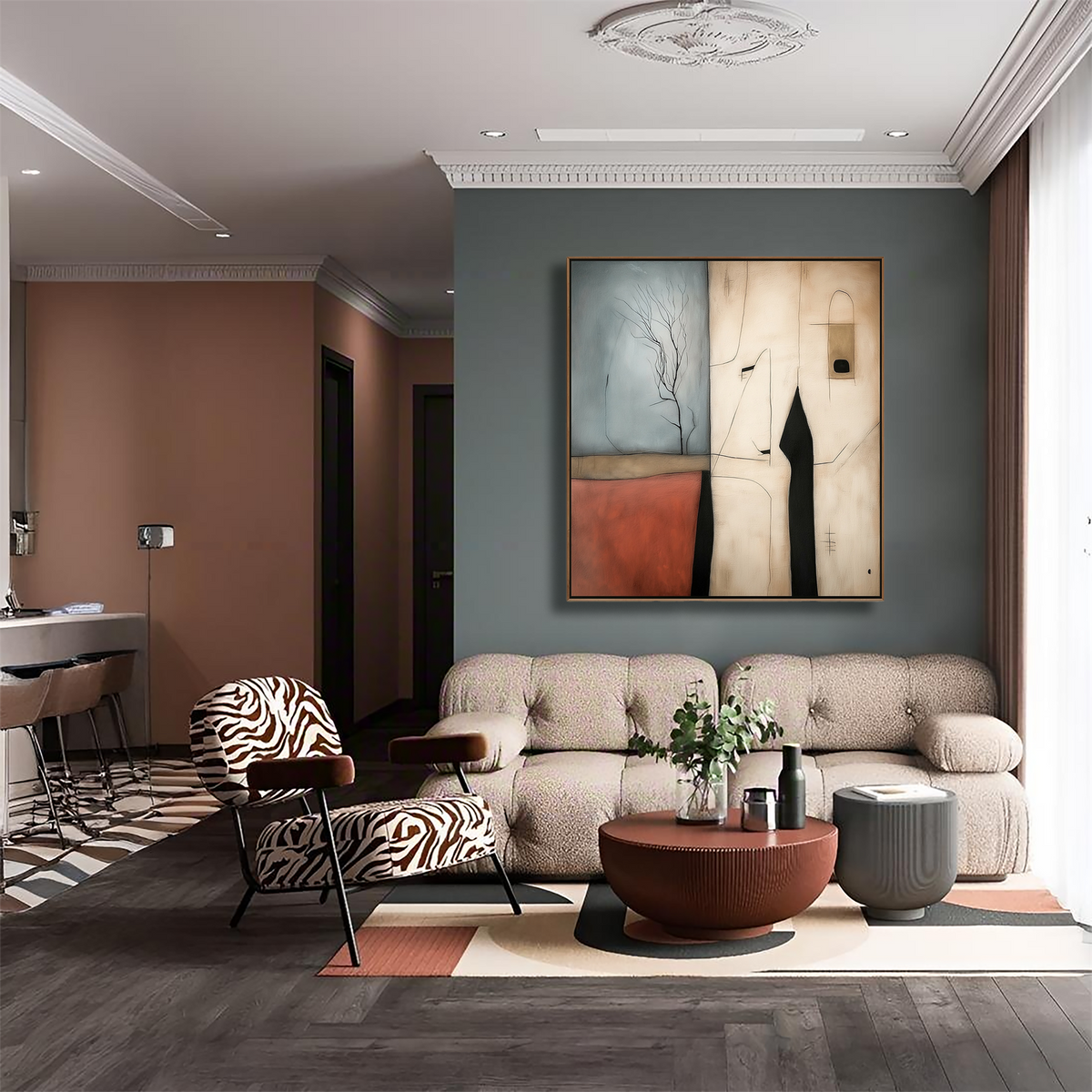 Silent Vista: Wabi Sabi Textured Abstract Landscape Painting with Minimalist Tree