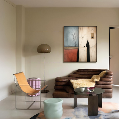 Silent Vista: Wabi Sabi Textured Abstract Landscape Painting with Minimalist Tree